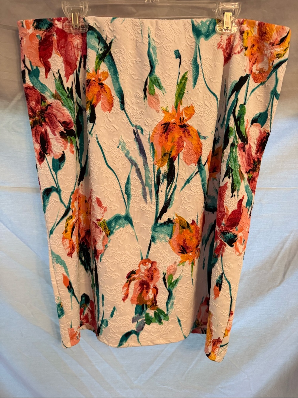 Floral Textured straight Skirt in White with Orange & Teal Blossoms